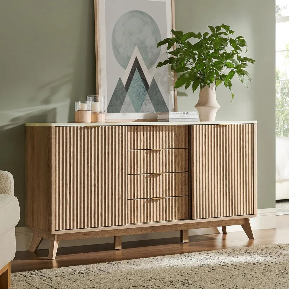 60" Fluted Dresser with Sliding Doors and 4 Drawers, Modern Chest w/Faux Marble Top, Curved Profile Design, Dresser