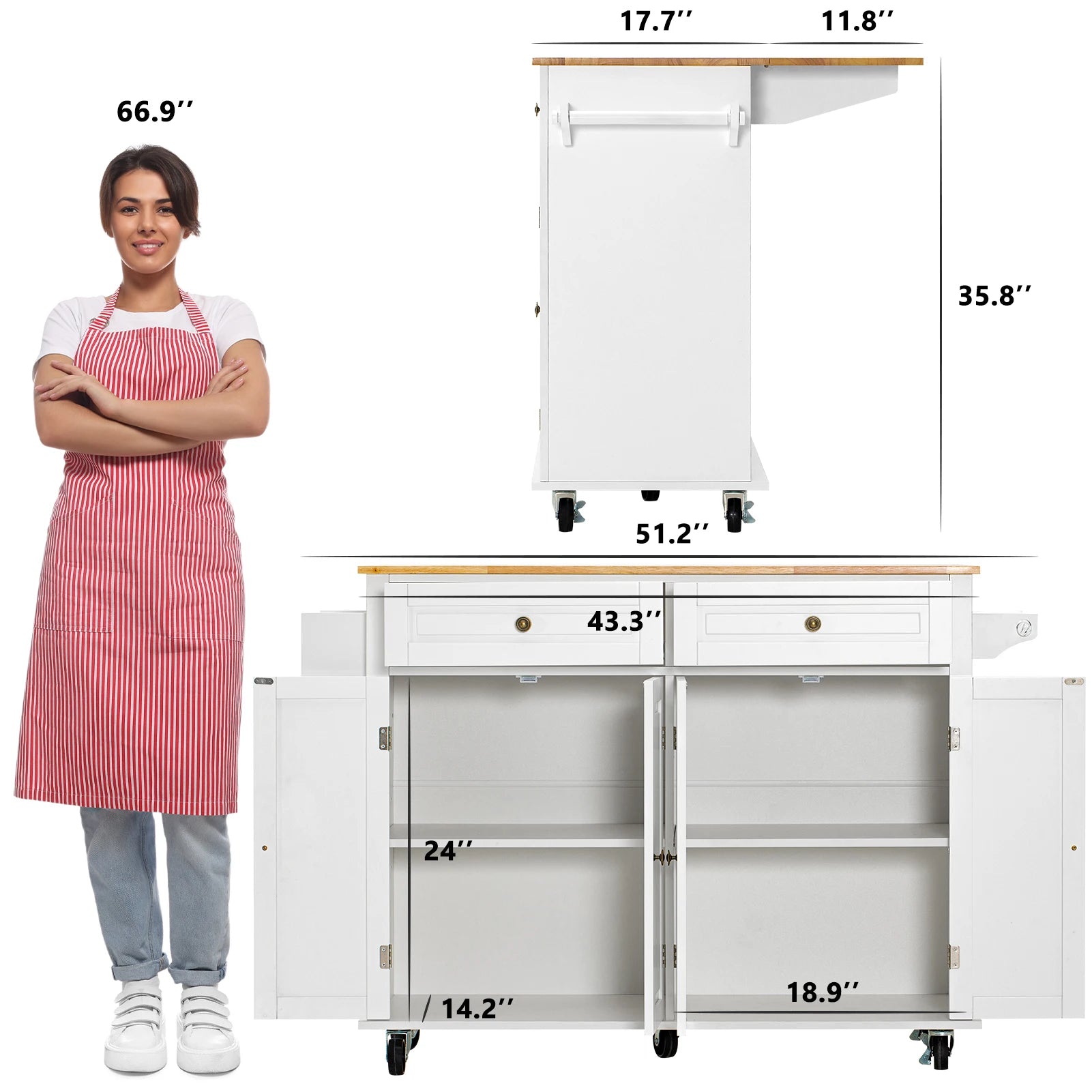 Rolling Kitchen Island with Drop Leaf – Movable Kitchen Carts on Wheels Island with Storage Cabinet, Island Table for Kitchen