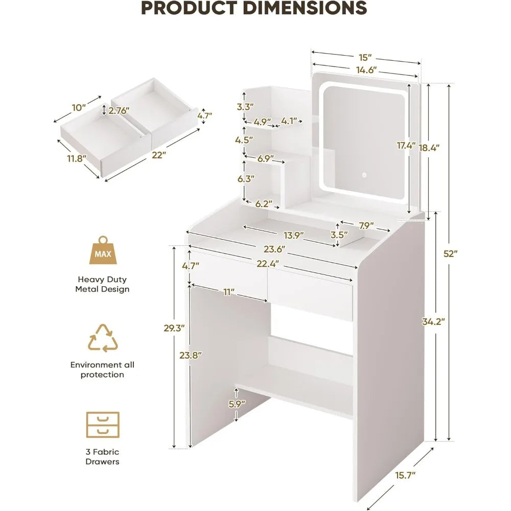 Small Vanity Desk Set with Square Mirror and Light- Vanity Desk with Drawer