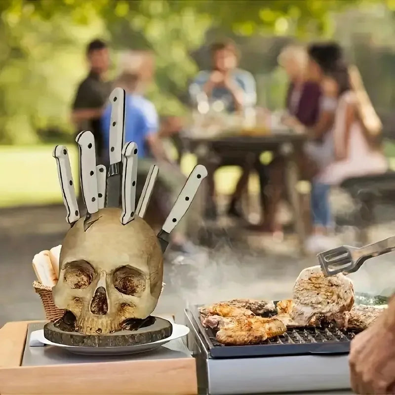 Skull Knife Holder Creative Kitchen Storage Rack Unique Countertop Cutlery Organizer Gothic Style Decorative Utensil Stand
