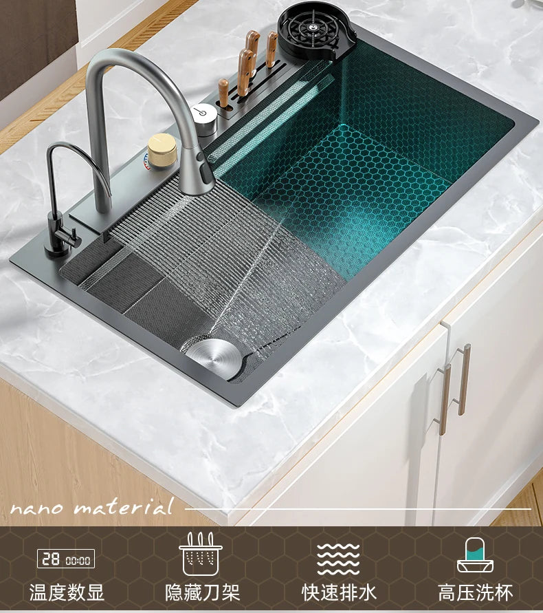 Kitchen 304 Stainless Steel Flying Fish Waterfall Vegetable Basin, Household Dishwasher Sink, Large Single Sink