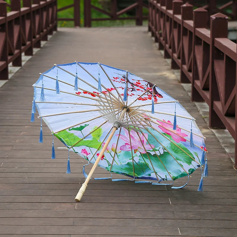 82cm Pink Flowers Silk Decorative Umbrella Han Cos Props Tassel Umbrella Ancient Chinese Classic Oil Paper Parasol