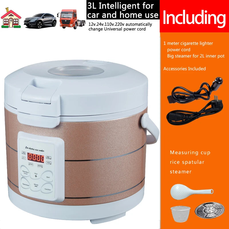 12V 24V 220V Mini Rice Cooker Car Truck Soup Porridge  Food Steamer Heating Lunch Box Meal Heater Warmer 3L for Camping