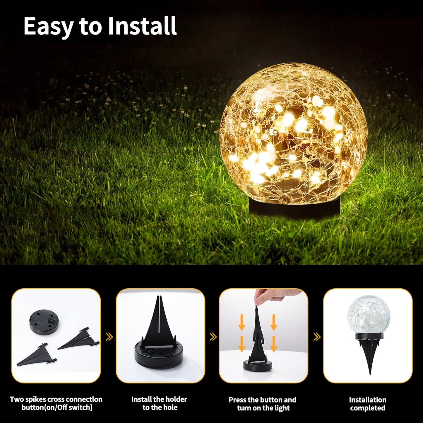 Outdoor Solar Garden Light Round Cracked Glass Lamp Waterproof Landscape Decor Ball Light for Villa Walkway Path Yard Holiday
