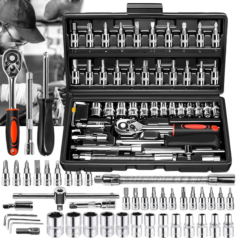 46-Pc. Drive Socket & Ratchet Wrench Set - Car Tool Kit | AlluCanFind