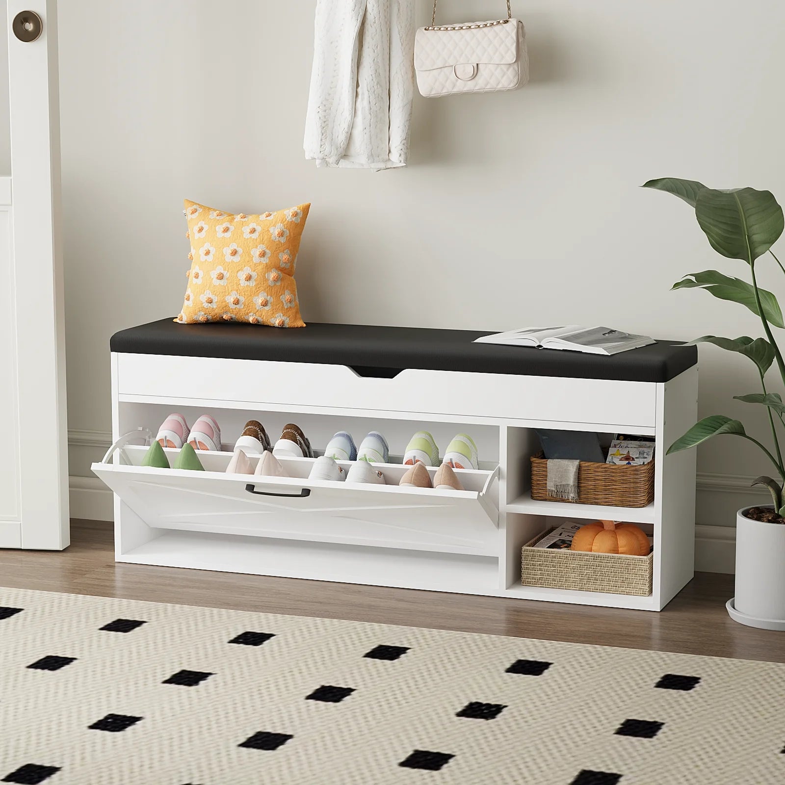 VOWNER Shoe Bench Cabinet with 1 Flip Drawers and 2 Compartments