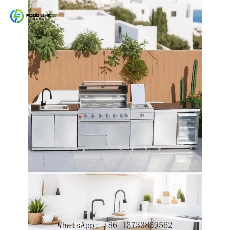 Customized Outdoor Kitchen Professional Waterproof Stainless Steel Barbecue Cabinet With Gas Grill Refrigerator Sink