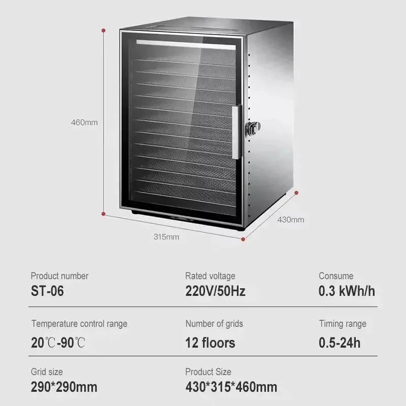 DIVEDEER 800W 12 Tier Food Dehydrator Commercial Stainless Steel Fruit Dryer Vegetable Fruit Meat Dryer