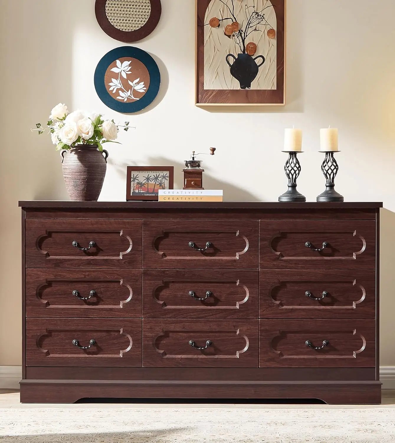 5 Drawer Dresser for Bedroom Farmhouse Cherry Wood Chest of Drawers for Bedroom Dresser, Rustic Wide Drawers Dressers