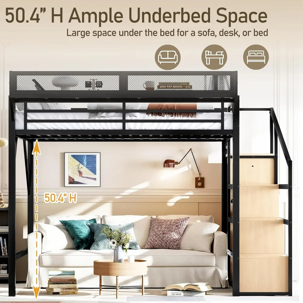 Queen Size Metal Loft Bed Frame with Storage Stairs, Side Shelf, Wardrobe, USB Ports, and LED Lighting