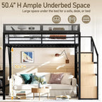 Queen Size Metal Loft Bed Frame with Storage Stairs, Side Shelf, Wardrobe, USB Ports, and LED Lighting