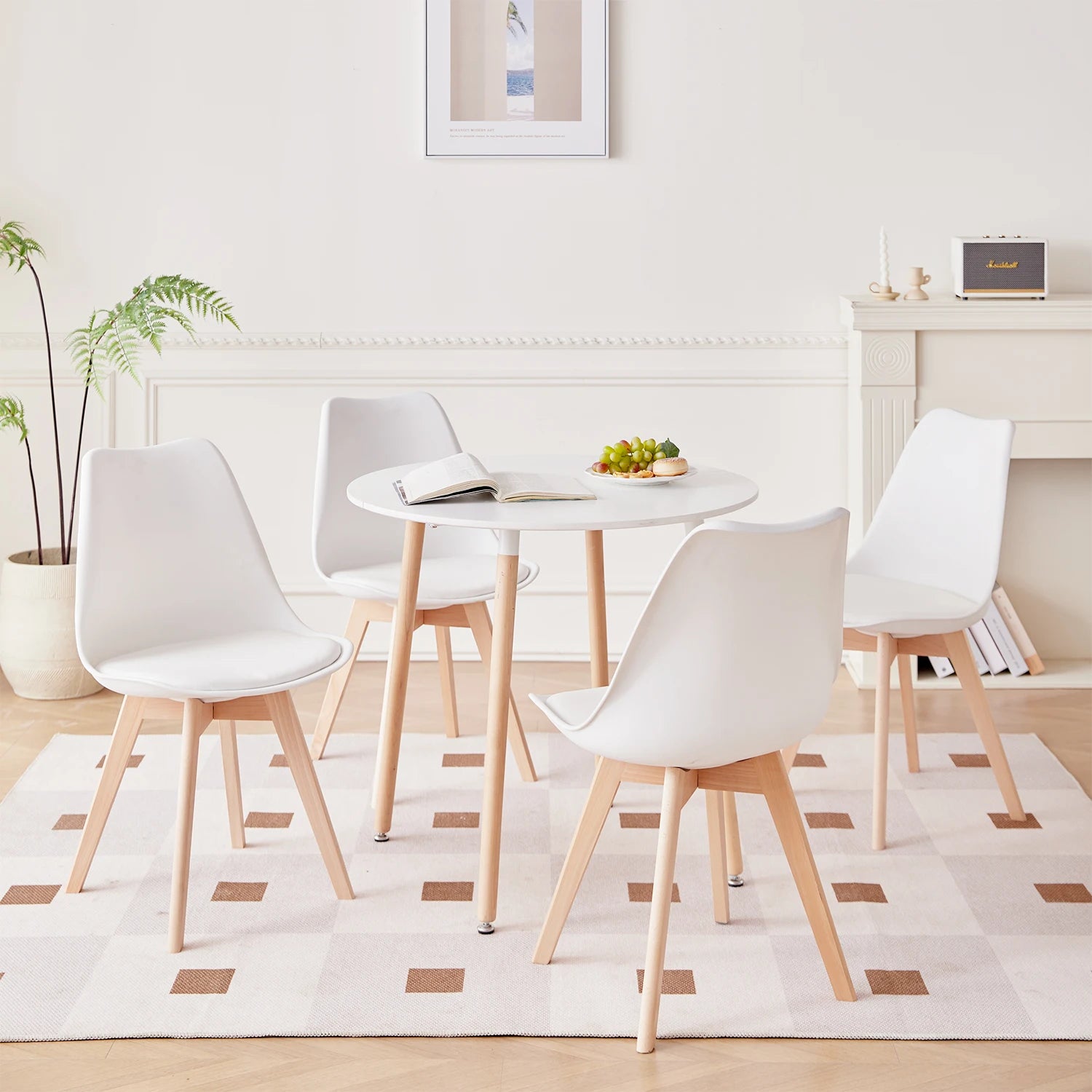 EGOONM Modern Round Dining Table Nordic Scandinavian MDF Top Solid Beech Legs for Living Room Dining Room White