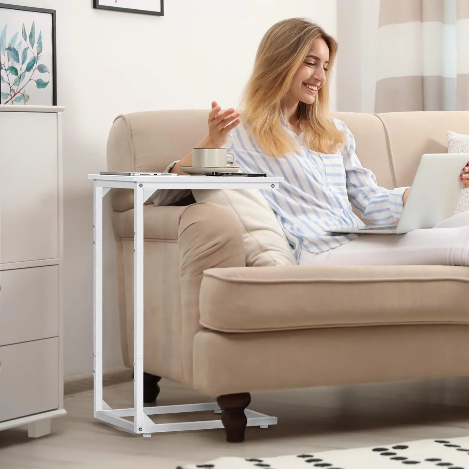 C-Shaped End Table 2-Pack - Sliding Metal Frame Sofa/Bedside Tables, Space-Saving Tall Side Tables for Living Room/Bedroom