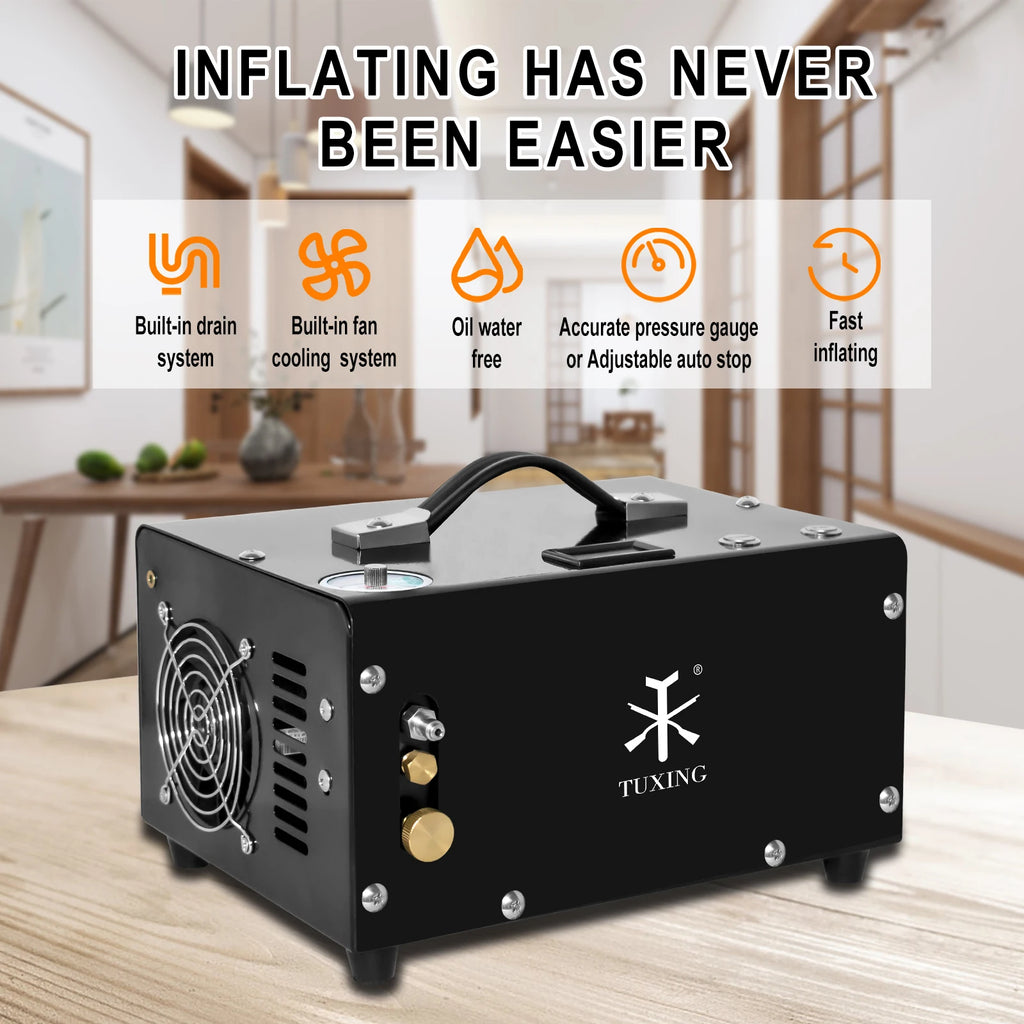 TUXING TXET061 300Bar 12V PCP Air Compressor 4500Psi Portable High Pressure Auto-Stop Compressor with 12V Power Supply PCP Rifle