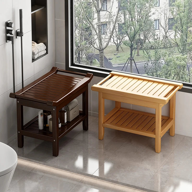 Anti-Slip Bamboo Shower Stool Waterproof Bathroom Bath Bench for Foot Washing or Entryway Shoe Changing Seat