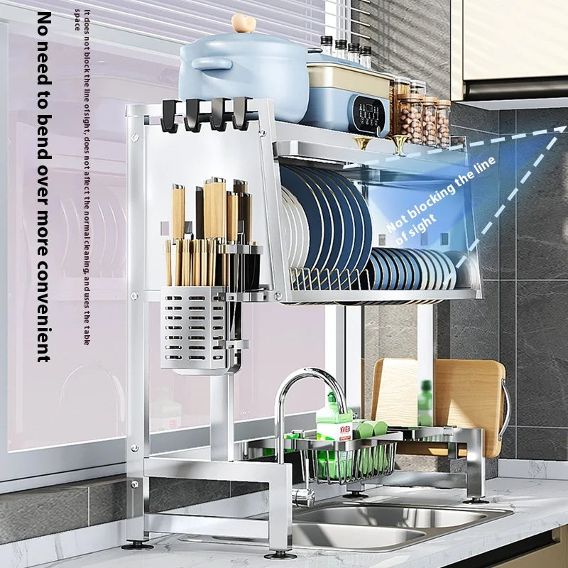 Multifunctional Stainless Steel Kitchen Sink Rack Double Dust-proof Table Top Dishes Storage Cabinet Household Drain Rack Tool