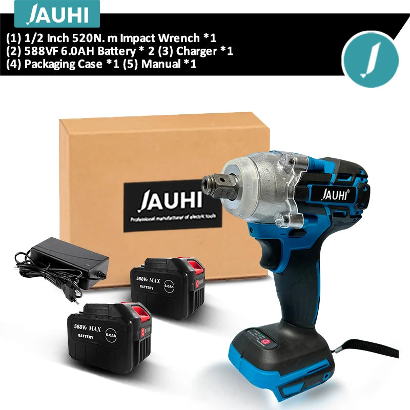 JAUHI 520N.M Brushless Electric Impact Wrench Cordless Electric Wrench 1/2 Inch Screwdriver Power Tools For Makita 18V Battery