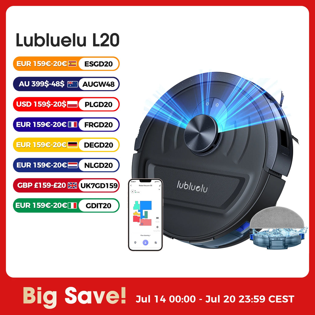Lubluelu L20 5500Pa Robot Vacuum and Mop, 3 in 1 Robotic Vacuum Cleaner,  Smart Mapping, 30 No-go Zones, for Carpet Pet Hair