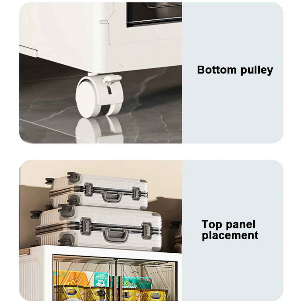 4 Tier Plastic Storage Containers with Doors & Wheels Foldable Organization Folding Storage Boxes for Living Room Bedroom Office