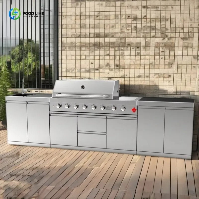 Custom Freely Combined 304 Stainless Steel Outdoor Kitchen With Built-in Refrigerator And Preparation Sink