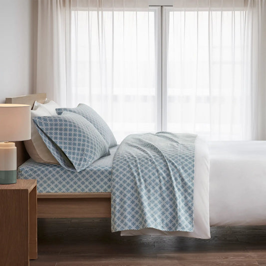 Queen Size Bed Sheets Set, 4-Piece Cozy Cotton Flannel Sheets Set Queen with Deep Pocket Fitted Sheet, Blue Geo