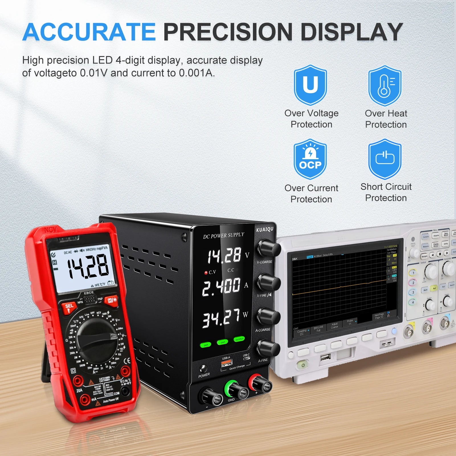 KUAIQU 2024 Newest OCP OVP DC Adjustable Laboratory Power Supply 30V 10A 5A Output Switch USB-A TYPE-C Port Fast Charging 120V