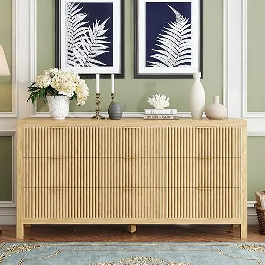 9 Drawers, Modern Large Chest Mid Century Modern Dresser TV Stand, Storage Organizer Dresser with Solid Natural Wood Legs for Be