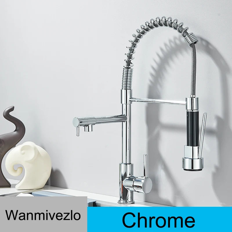Wanmivezlo Pull Down Kitchen Sink Faucet Hot Cold Water Mixer Crane Tap with Dual Spout 360 Rotation High Faucet Deck Mounted