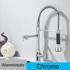 Wanmivezlo Pull Down Kitchen Sink Faucet Hot Cold Water Mixer Crane Tap with Dual Spout 360 Rotation High Faucet Deck Mounted