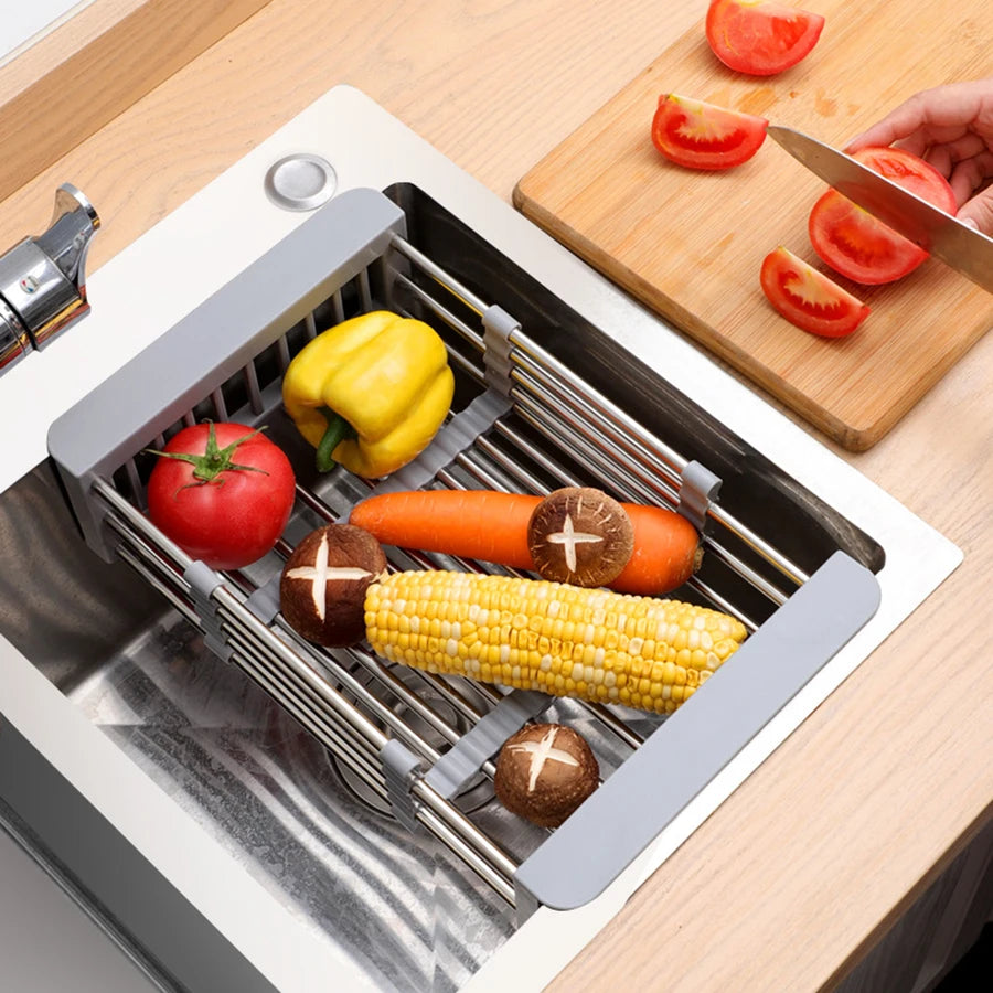 1PCS Kitchen Drainage Rack Multi-functional Retractable Shelf Dish Basin Dish Storage Rack Stainless Steel Sink Drainage Basket