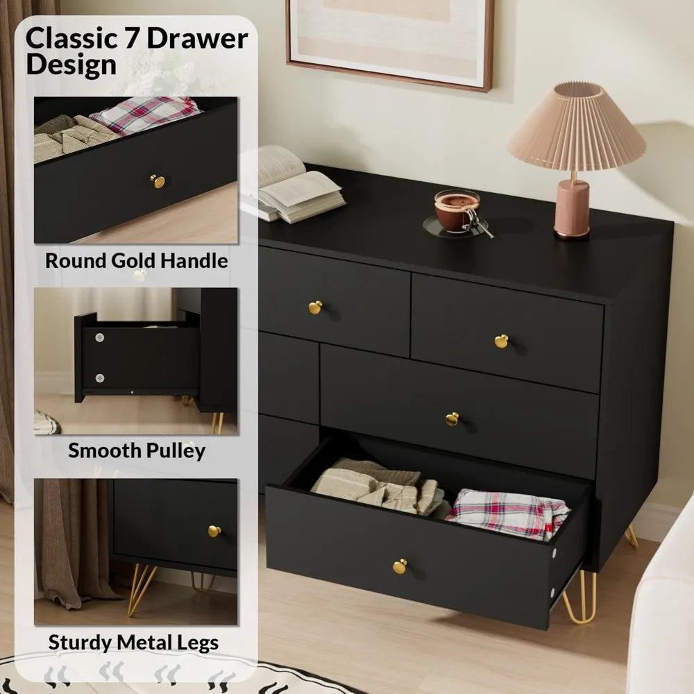 Black Dresser for Bedroom, Modern 7 Drawer Dresser with Gold Handles and Metal Legs, Black and Gold Dressers & Chest of Drawers