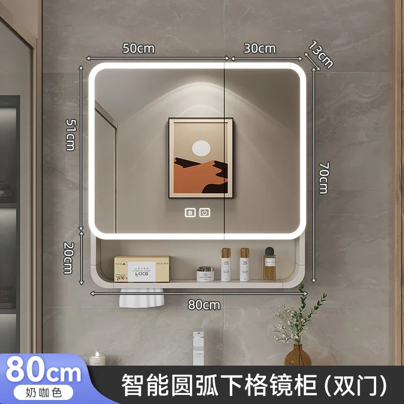 Aluminum Alloy Arc Smart Bathroom Mirror Cabinet Wall Mounted Storage Locker LED Light Bathroom Furniture Muebles Para Baño FYBC