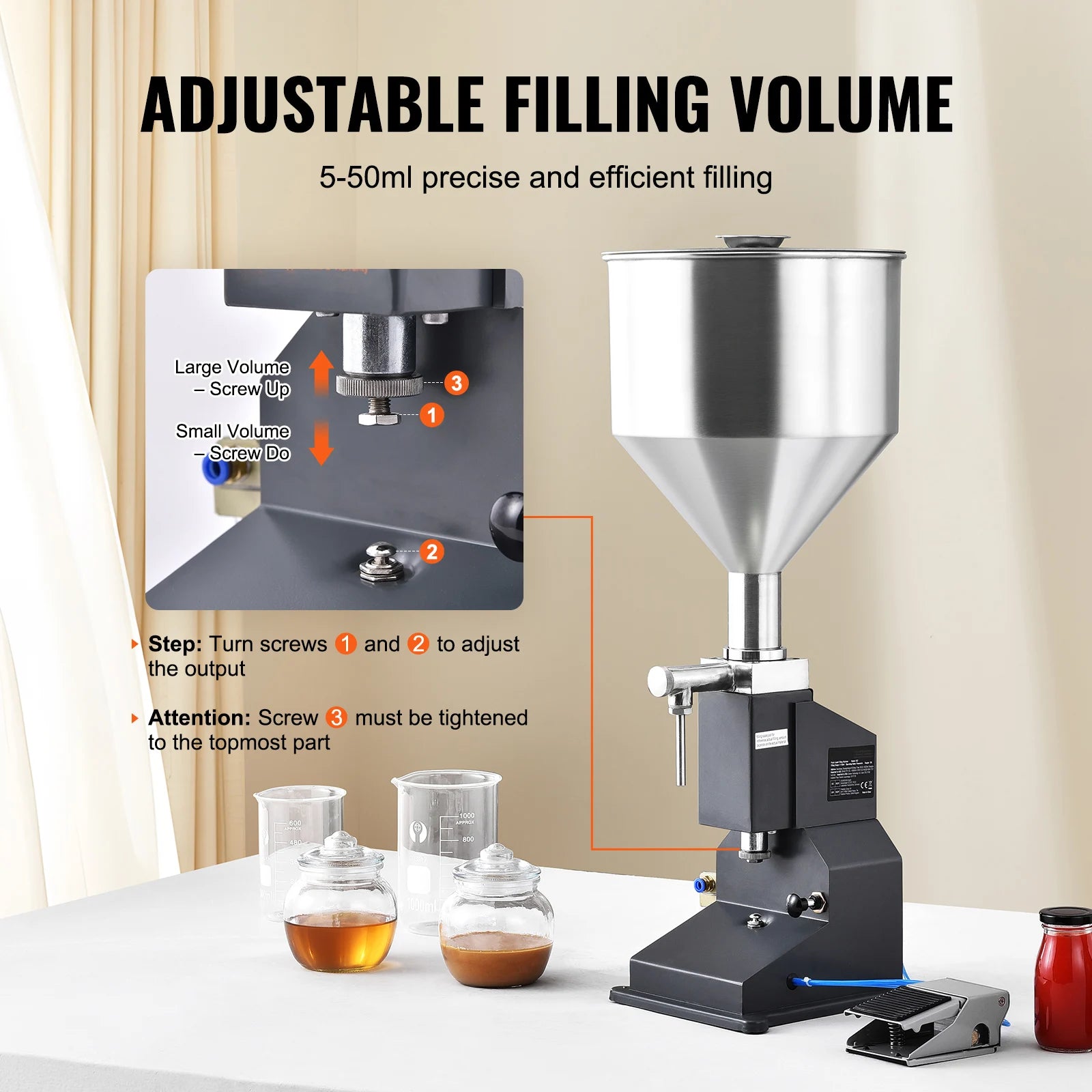 SucceBuy 5-50/100ml A02 Pneumatic/Manual Paste Liquid Filling Machine Bottle Liquid Filler Pedal for Water Juice Cosmetic Milk
