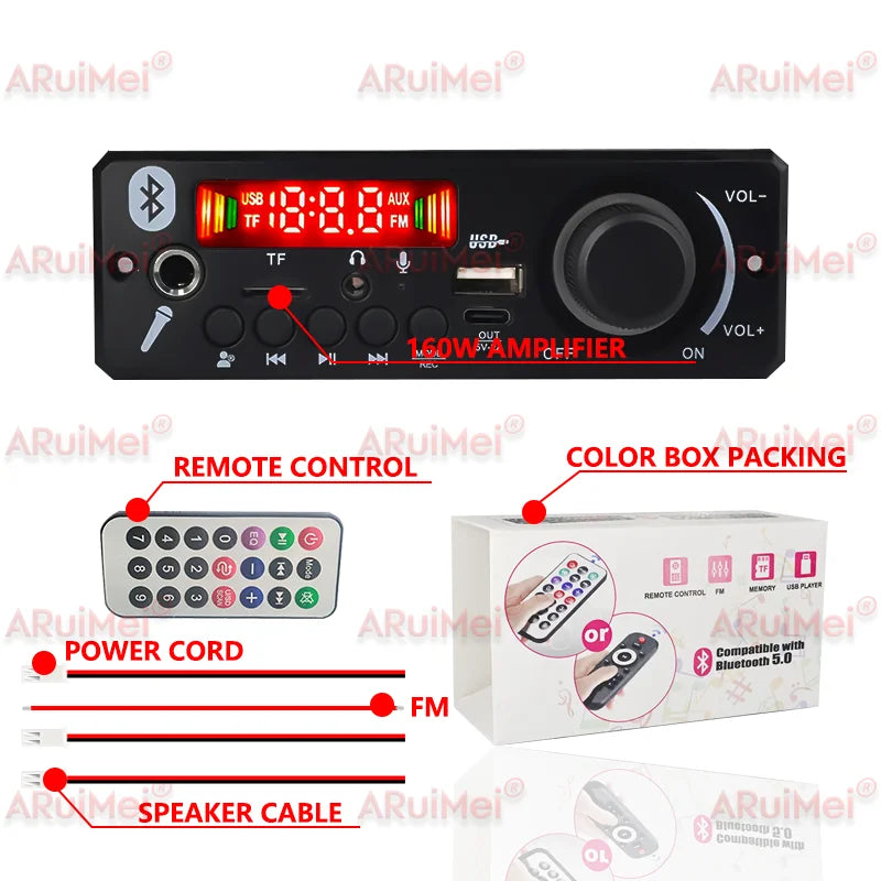 ARuiMei 160W 2 * 80W Amplifier Board Bluetooth 5.0 MP3 Decoder USB/TF/FM Car Stereo 8-24V Call Recording Folder Switching