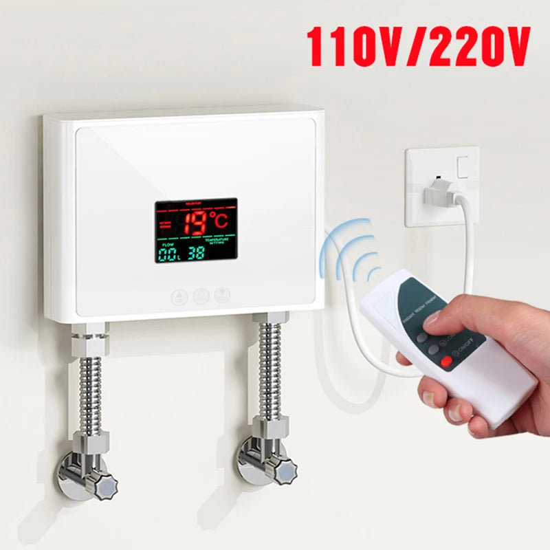 110V 220V Instant Water Heater Bathroom Kitchen Wall Mounted Electric Water Heater with Remote Control LCD Temperature Display