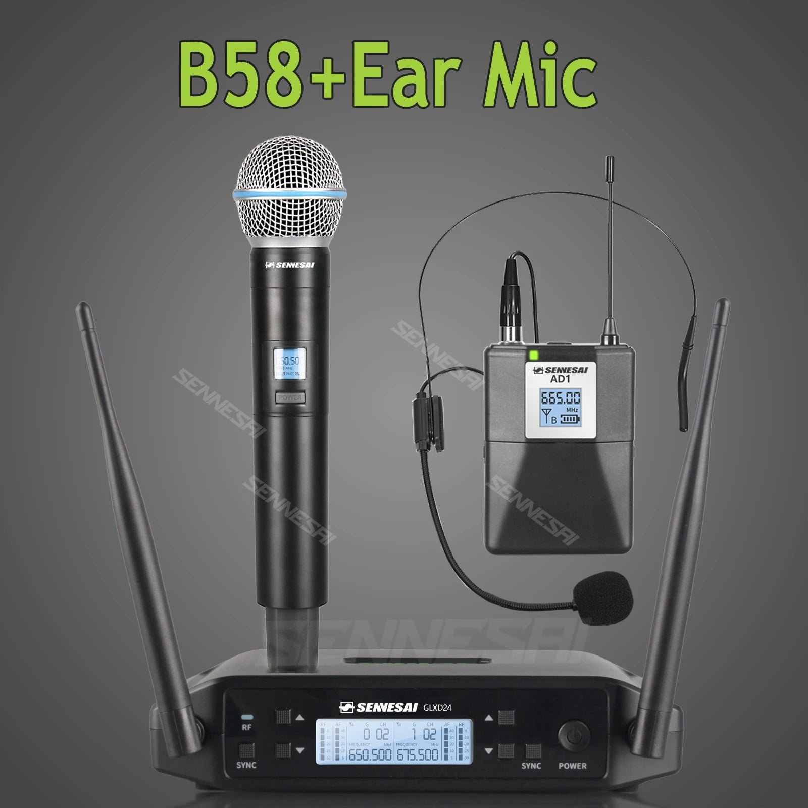 SENNESAI GLXD24 B58 Professional Dual Wireless Microphone 600-699MHz System Stage Performances UHF Dynamic 2 Channel Handheld