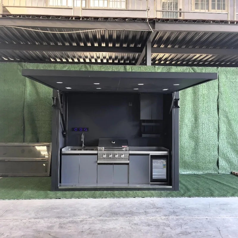 Customized Durable Weatherproof Outdoor Kitchen 304 Stainless Steel Black Gas 6 Burner Kitchen Island