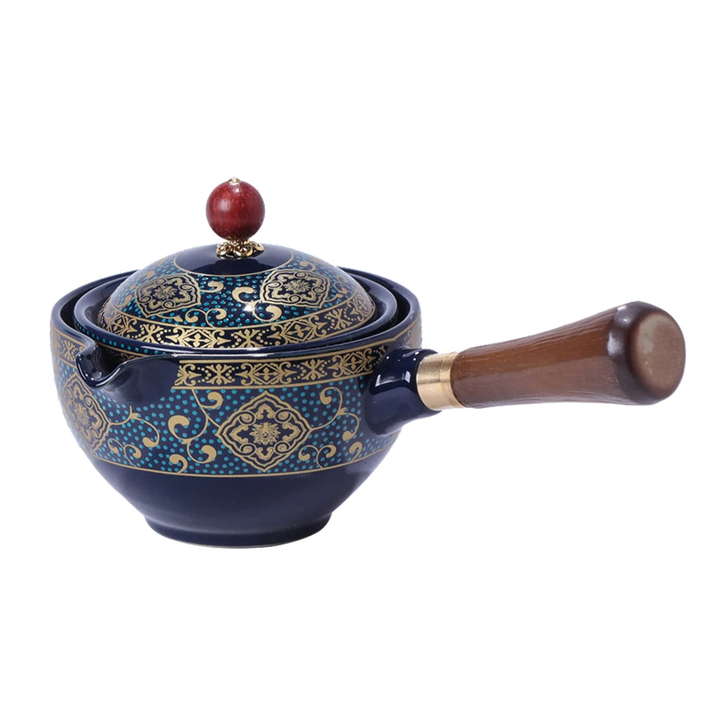 Portable Chinese Gongfu Kung Fu Tea Set 360 Rotating Teapot Ceramic Tea Maker Infuser Wooden Handle Pot Cup for Home Office