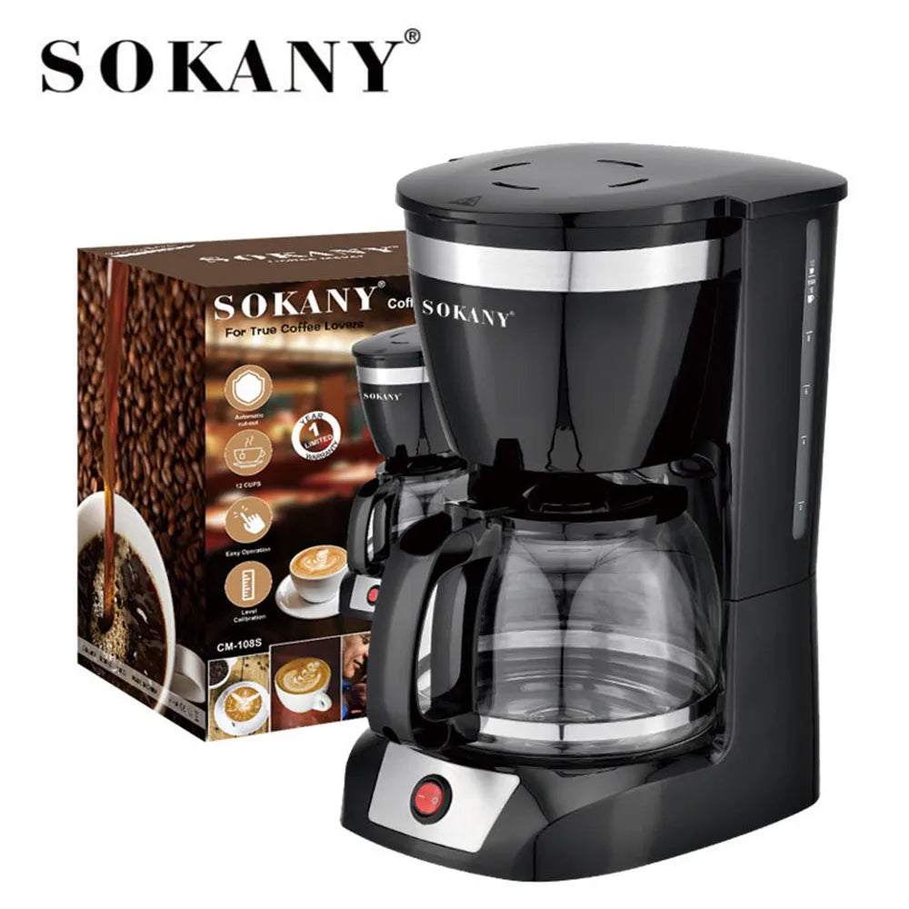 12 Cups Small Home Automatic American Drip Steam Coffee Maker, Brew Tea, Suitable for Home and Office