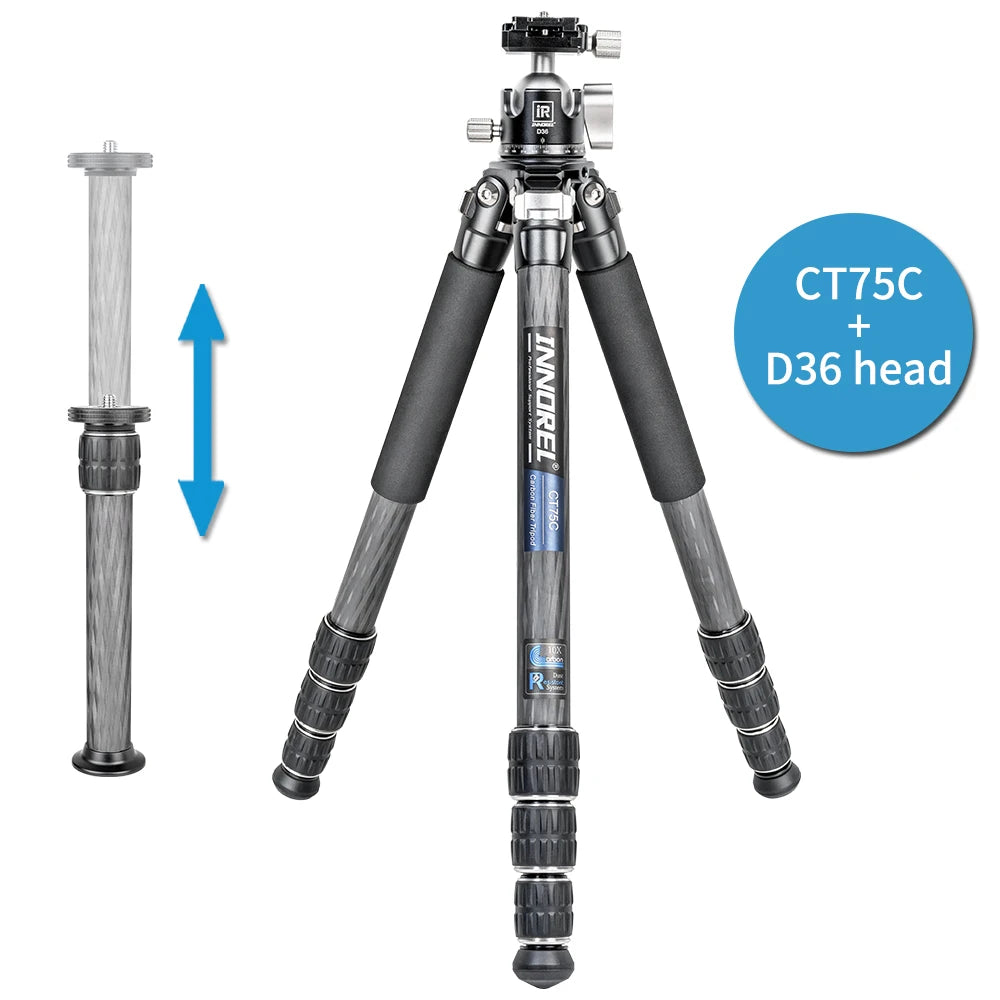 INNOREL CT75C/85C Carbon Fiber Tripod for DSLR Camera Heavy Duty Stand Low Gravity Center Ballhead with Adjustable Center Column