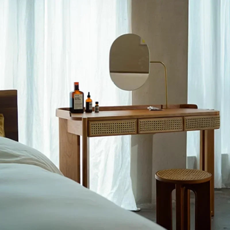 Simple Rattan Vanity Tables Woman Brown Adult Unique Makeup Desk Dressers Drawers Mirror Storage Penteadeira Furniture Home