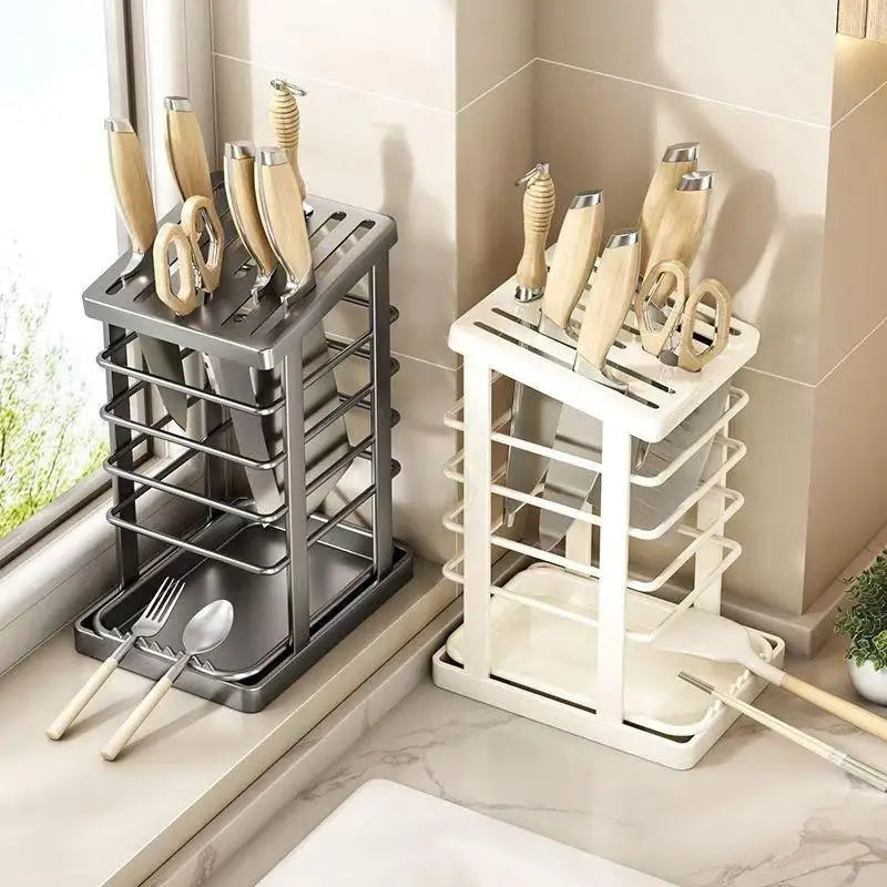 Kitchen Knife Holder Countertop Knife Tool Storage Rack With Drain Tray Multi-function Knife Holder Storage Rack Dish Rack