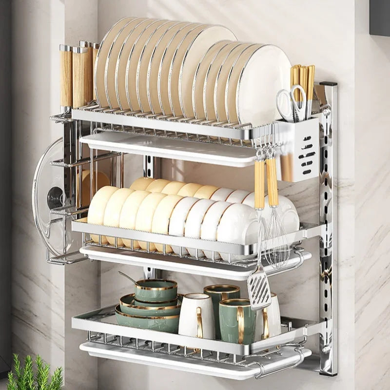 Kitchen Dish Rack Wall Mounted Multifunctional Storage Rack No-hole Cupboard with Chopsticks Knives Plates Draining Storage
