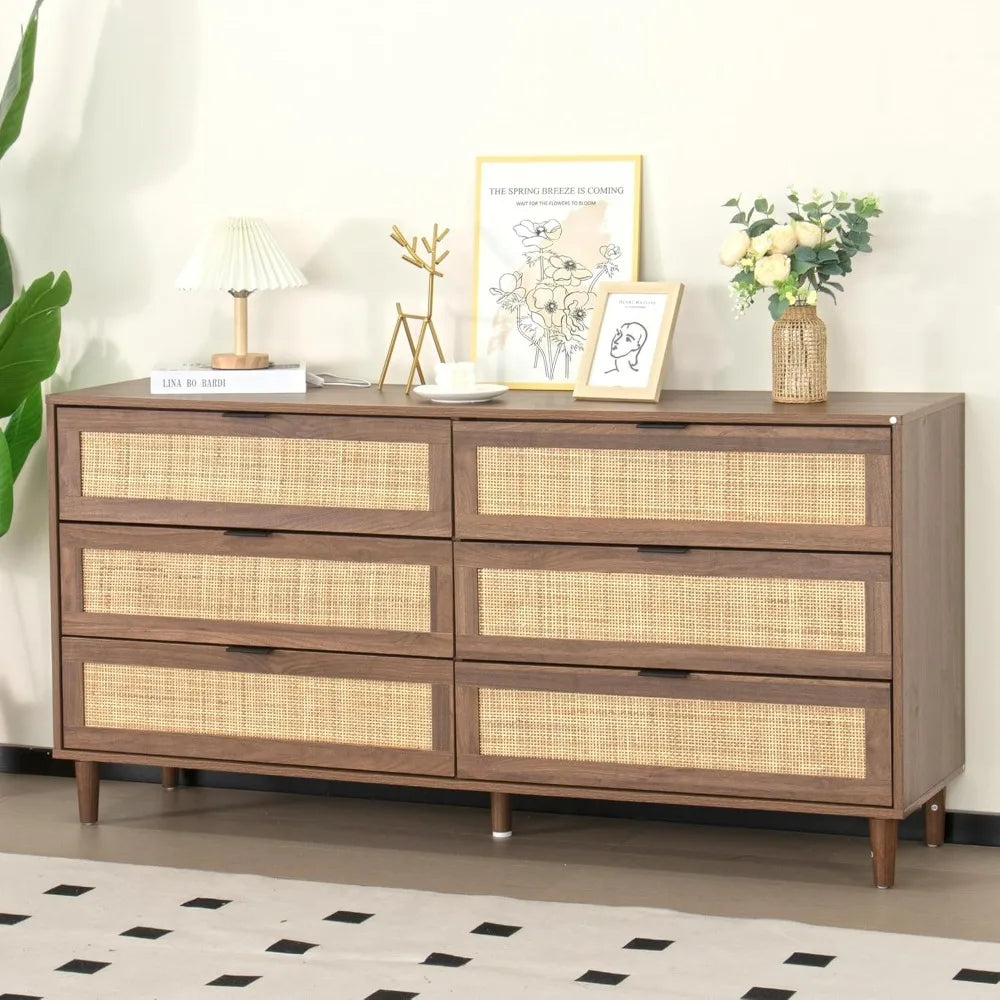 6 Drawer Double Dresser for Bedroom,Natural Rattan Modern Drawer Chest,Wooden Storage Wardrobe Dresser with Black Handles,Floor