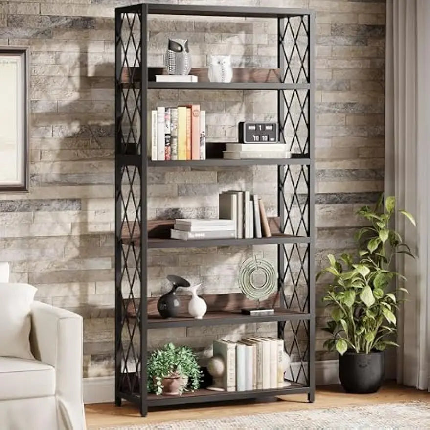 67 Inch Book Shelf, 5 Tier Industrial Etagere Bookcase with Open Shelves, Tall Bookshelf for Living Room, Bedroom, Home Office