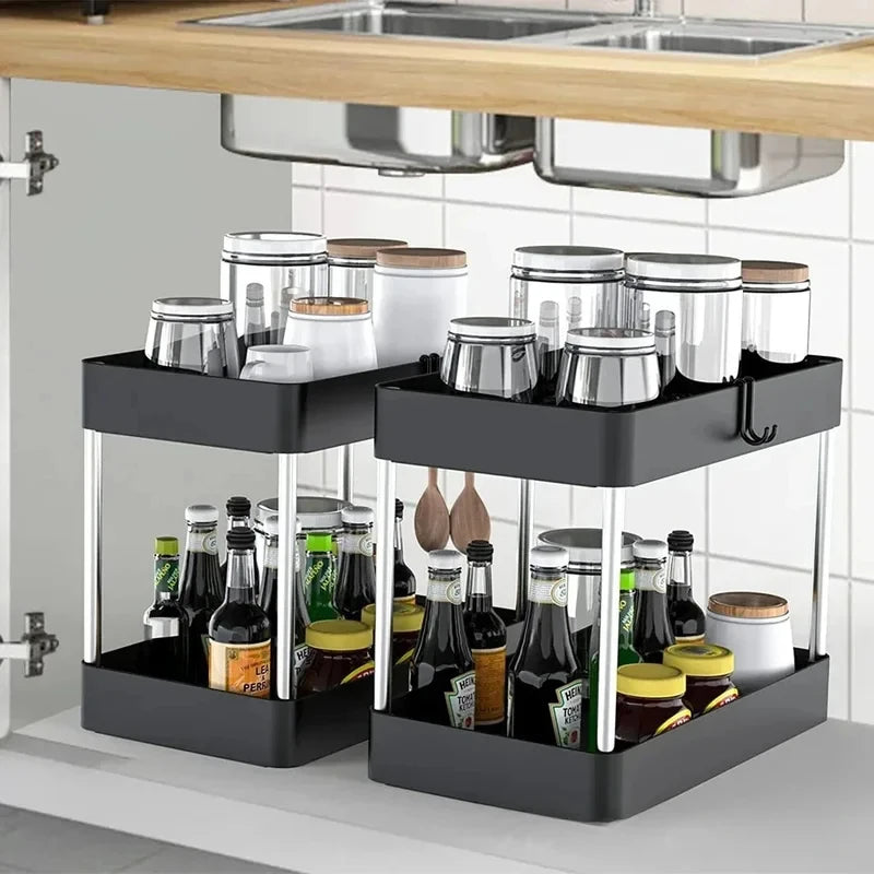 Home Household Bathroom Kitchen Under Sink Organizer 2 Tier Sliding Basket with Hooks Hanging Cup Storage Rack