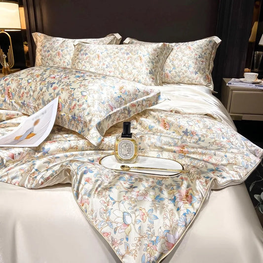 Floral Duvet Cover King Size, with Flat Sheet, 4 Pieces Satin Soft Bedding, 1 Breathable Duvet Cover 104x90 Inches, Bedding Set