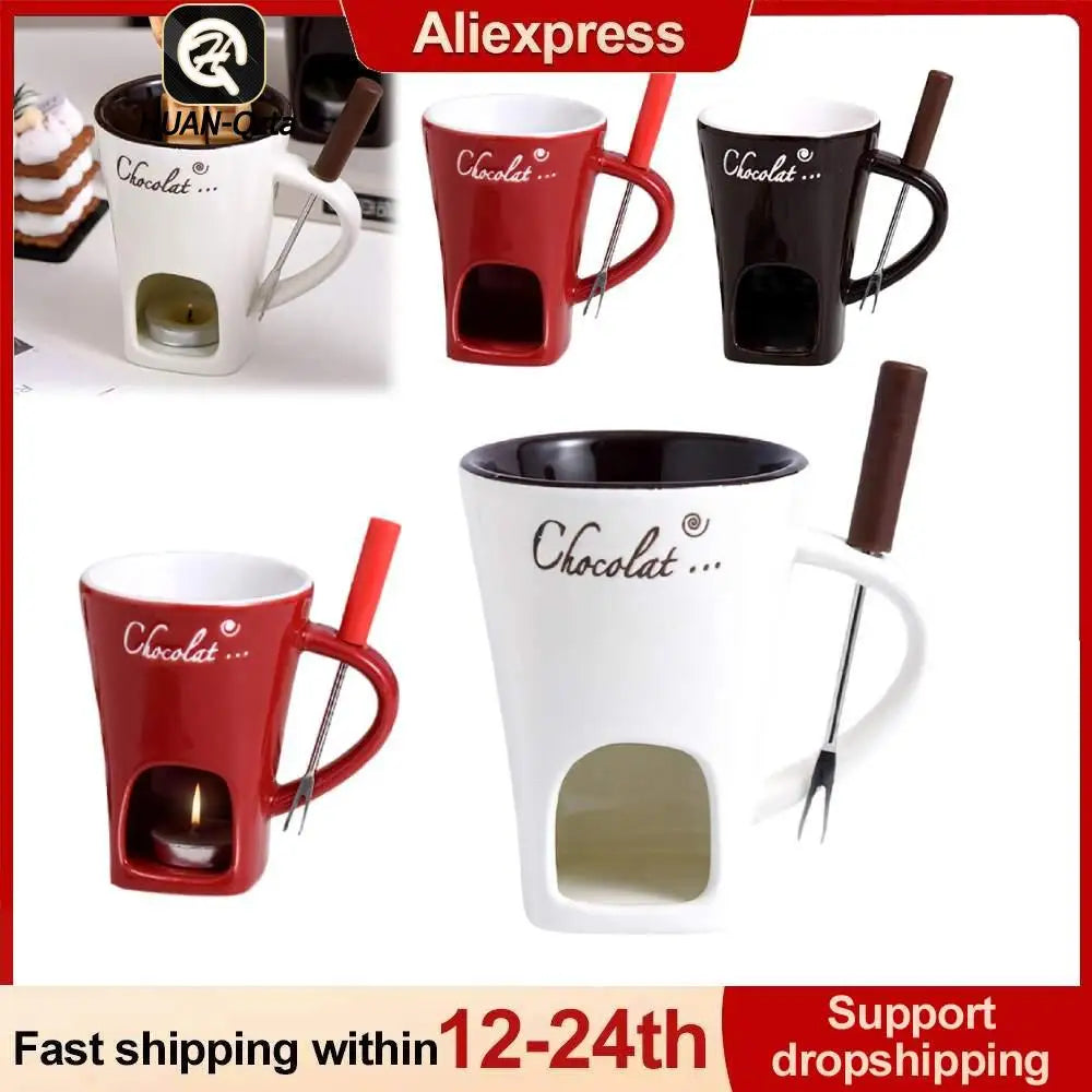 Candle Cup Cheese Chocolate Melting Ceramic Mug with Fork Chocolate Fondue Mug Creative Coffee Mug for Chocolate Cheese Candy