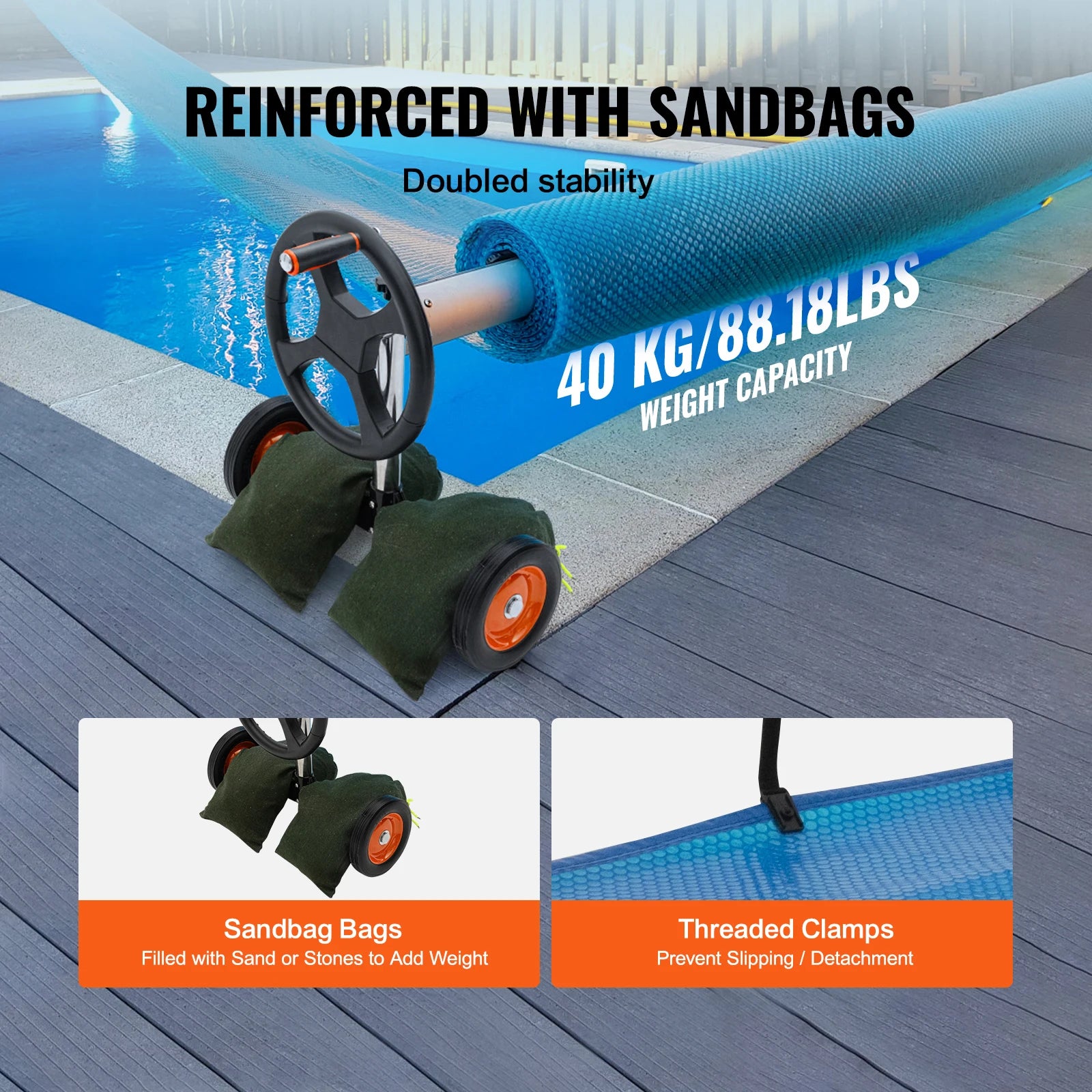SucceBuy 14/18/20/22ft Pool Cover Reel Solar Inground Cover Aluminum Reel Set with Sandbags Fits for 3-14ft Width Swimming Pools