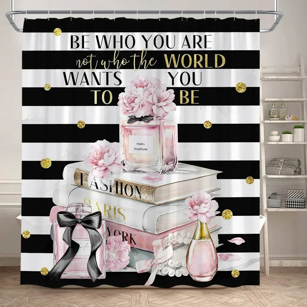 Fashion Perfume Shower Curtain Set Pink Rose Flower Modern Woman Girl Home Bathroom Decor Non Slip Rug Bath Mat Toilet Lid Cover